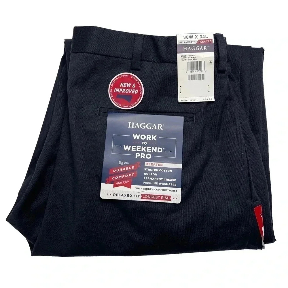 Haggar W2W Pro Stretch Cotton Pleated Relaxed Fit Mens Dress Pants Size 36Wx34L - Picture 4 of 12